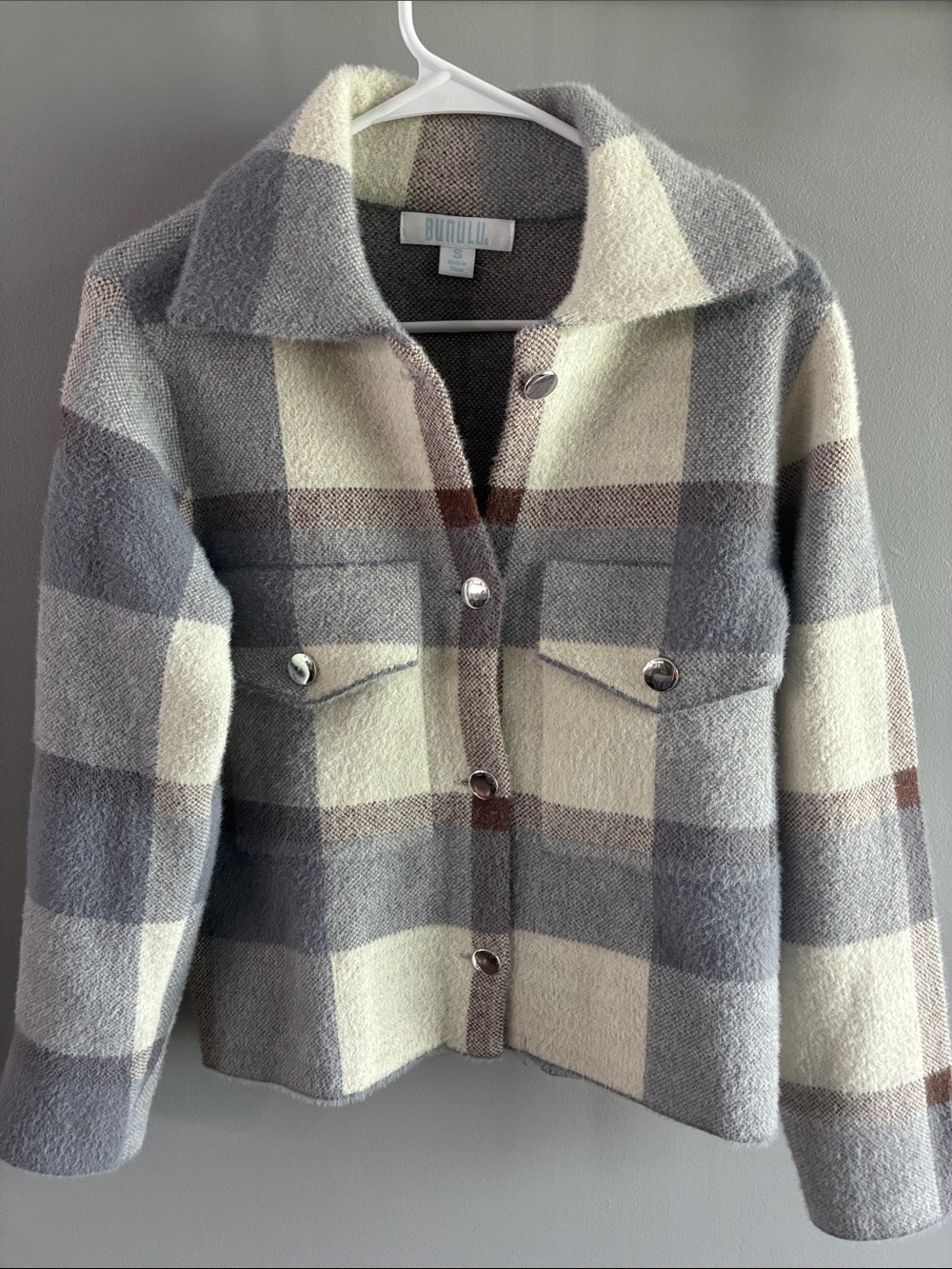 Bunulu Gray, Cream & Brown Plaid Woman’s short Pea Coat